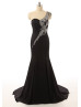 Black Chiffon Beads One Shoulder Mermaid Long Prom Dress